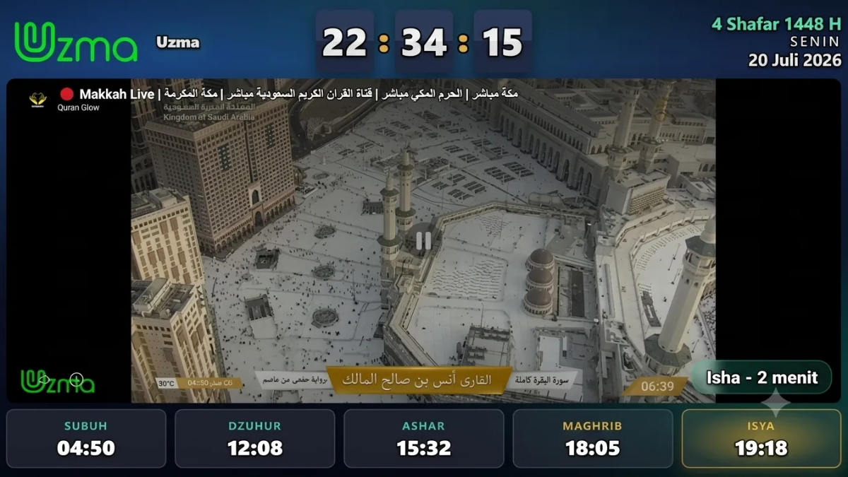 Tampilan UZMA Masjid: jam, kalender Hijriah, dan jadwal solat di layar TV