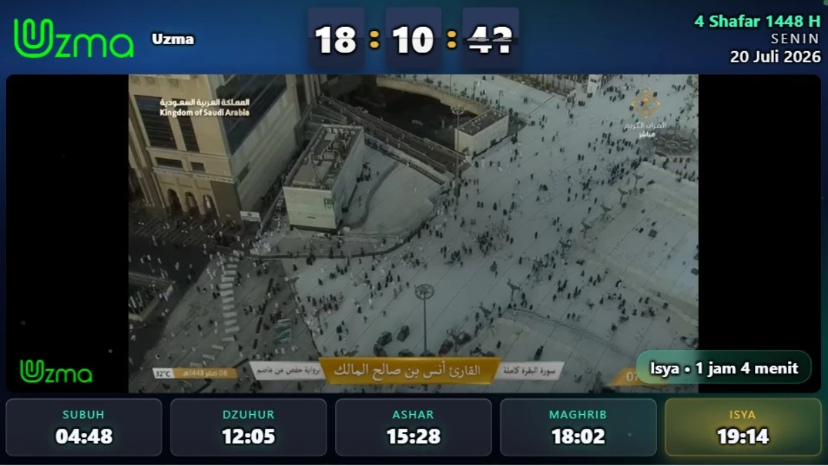 Tampilan UZMA Masjid: jam, kalender Hijriah, dan jadwal solat di layar TV